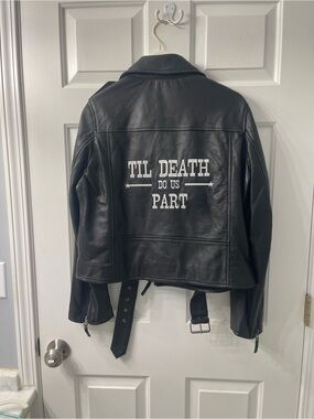 Nasty Gal Black Leather Moto Jacket with 'TIL DEATH DO US PART' Back Graphic